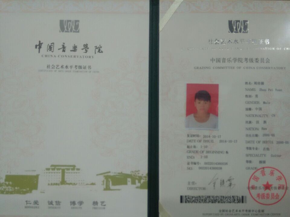 2014年 乐器学院考级证书